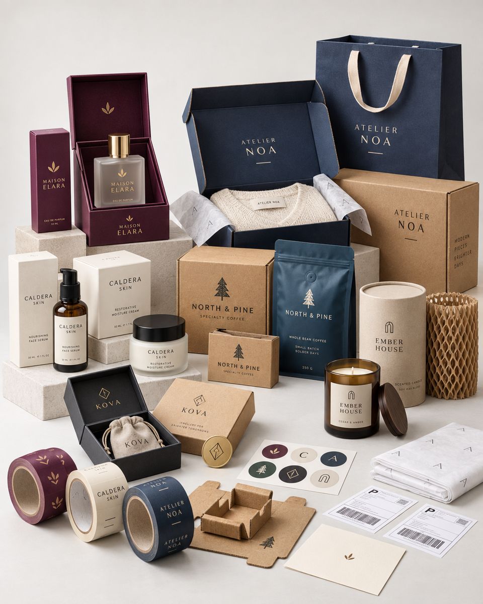 Assorted custom packaging examples across different product categories, including skincare boxes, a jewelry box, a coffee bag, a candle box, and an apparel mailer.
