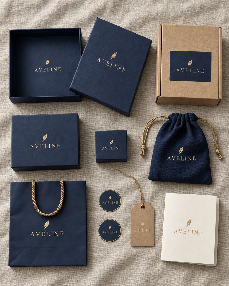 Complete custom packaging suite for a single brand, including gift boxes in multiple sizes, a shopping bag, a drawstring pouch, gift tags, stickers, and an insert card, all consistently branded.