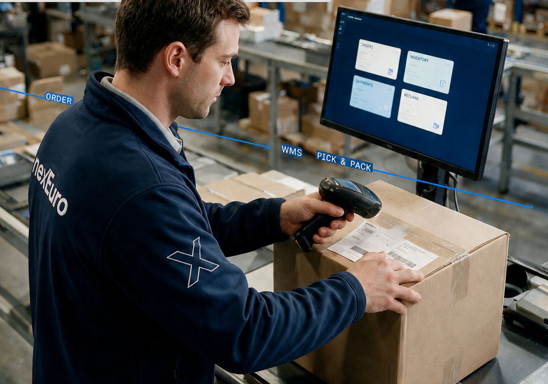 A NexEuro operator scanning a parcel at a WMS packing station